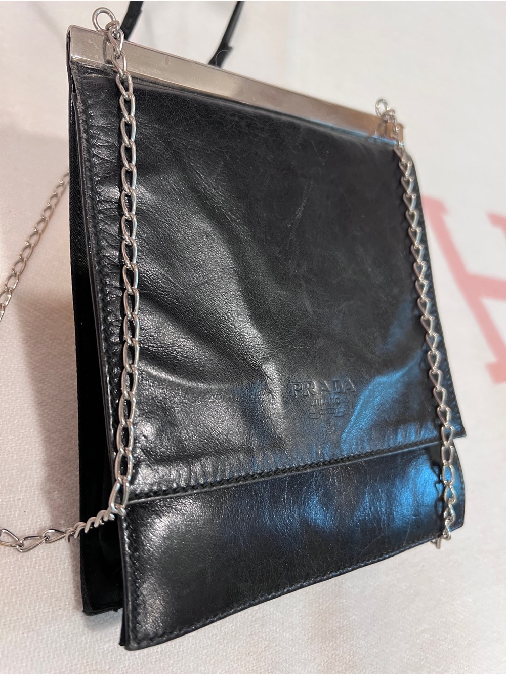 PRADA⭐️RARE VINTAGE Black Leather Chain-Strap Shoulder Bag! - Picture 8 of 14